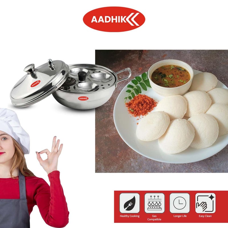 Aadhik Stainless Steel Multi Purpose Kadai with Steel Lid Idli Maker 2 Idli Plate 8 Cavity Idli Cooker Stainless Steel Idly Pot with Steamer Silver - Image 3