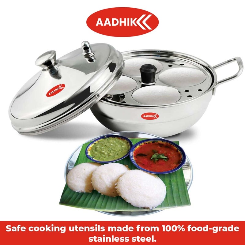 Aadhik Stainless Steel Multi Purpose Kadai with Steel Lid Idli Maker 2 Idli Plate 8 Cavity Idli Cooker Stainless Steel Idly Pot with Steamer Silver - Image 5