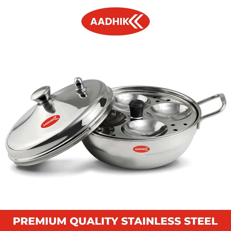 Aadhik Stainless Steel Multi Purpose Kadai with Steel Lid Idli Maker 2 Idli Plate 8 Cavity Idli Cooker Stainless Steel Idly Pot with Steamer Silver - Image 4
