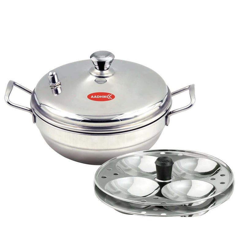 Aadhik Stainless Steel Multi Purpose Kadai with Steel Lid Idli Maker 2 Idli Plate 8 Cavity Idli Cooker Stainless Steel Idly Pot with Steamer Silver - Image 1