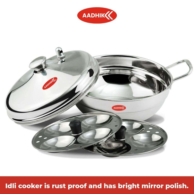 Aadhik Stainless Steel Multi Purpose Kadai with Steel Lid Idli Maker 2 Idli Plate 8 Cavity Idli Cooker Stainless Steel Idly Pot with Steamer Silver - Image 2