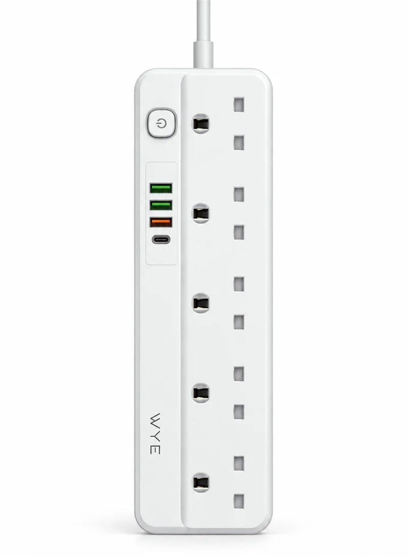واي قابس تمديد WYE FLUX Y-ES1-2M مع 5 منافذ تيار متردد، 20 واط USB-C PD، 18 واط USB-A QC 3.0، 2 منافذ USB-A، أبيض، كابل 2 متر