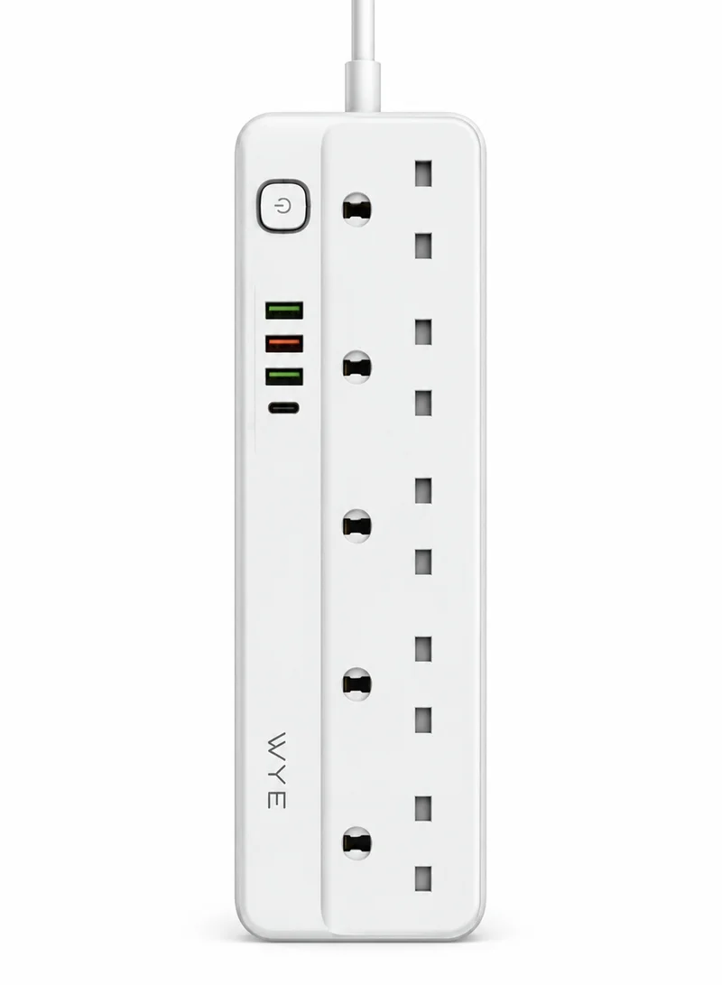 واي قابس تمديد WYE FLUX Y-ES1-2M مع 5 منافذ تيار متردد، 20 واط USB-C PD، 18 واط USB-A QC 3.0، 2 منافذ USB-A، أبيض، كابل 2 متر