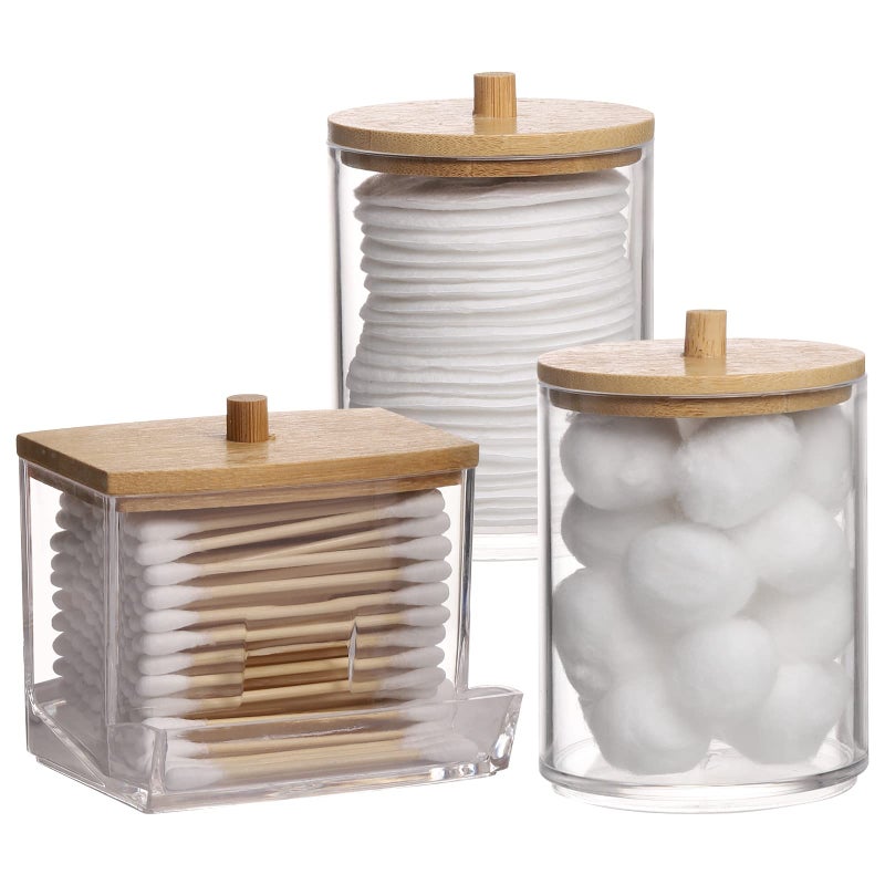 Tbestmax Qtips Holder Bathroom Container, 10/7 OZ Cotton Ball/Swabs Dispenser, Apothecary Jar Organizer for Storage Wood Lids - Image 1