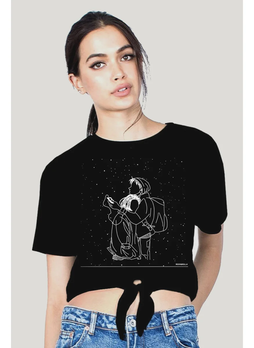 Rock&Roll Snow Falls Black Cut Crop Top Tied Women's T-Shirt