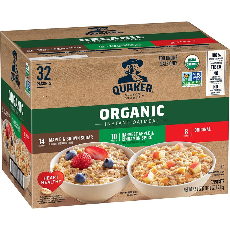 QUAKER Instant Oatmeal, USDA Organic, Non-GMO Project Verified, 3 Flavor Variety Pack, Individual Packets, 32 Count (Pack of 1) - Image 1