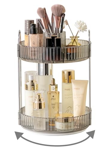 Asayuee 360 Rotating Makeup Organizer2 Tier Large Capacity Make Up Organizers and StorageSkincare Perfume Vanity OrganizersBathroom Cosmetics Storage Organizer CountertopGrey - Image 1