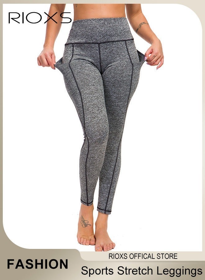 Women's High Waist Leggings,Solid Stretch Yoga Pants,Tummy Control Fitness Legging With Pockets,Skinny Leggings,Slim Fit Sports Sweatpants For Fitness Workout Gym Running