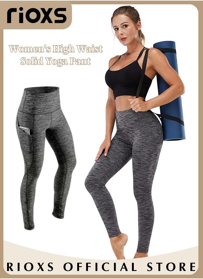 RIOXS Women's High Waist Leggings,Solid Stretch Yoga Pants,Tummy Control Fitness Legging With Pockets,Skinny Leggings,Slim Fit Sports Sweatpants For Fitness Workout Gym Running  - Image 2
