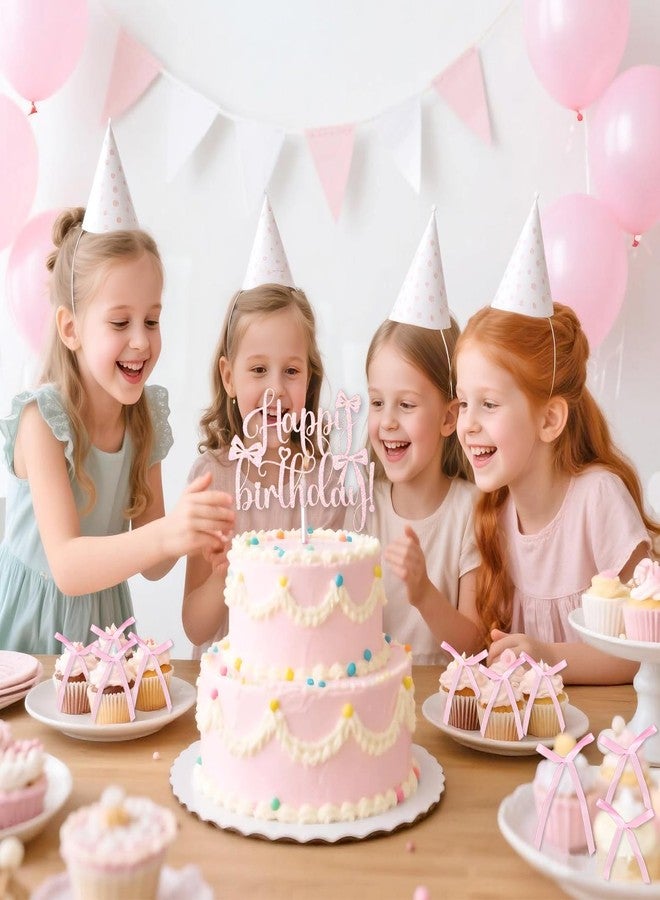Wootkey 6 Pcs Pink Silk Bow Cake Toppers with 1 Pc Glitter Happy Birthday Sign Ribbon Cake Decorations for Birthday Party Baby Shower Wedding Bow Themed Party Supplies - Image 4