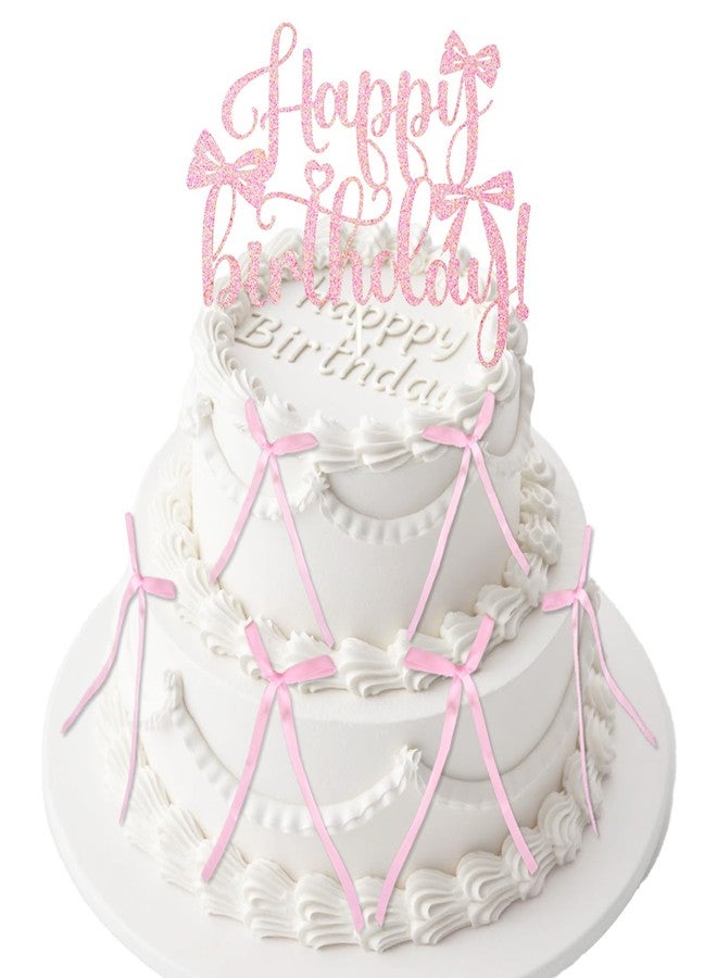 Wootkey 6 Pcs Pink Silk Bow Cake Toppers with 1 Pc Glitter Happy Birthday Sign Ribbon Cake Decorations for Birthday Party Baby Shower Wedding Bow Themed Party Supplies - Image 1