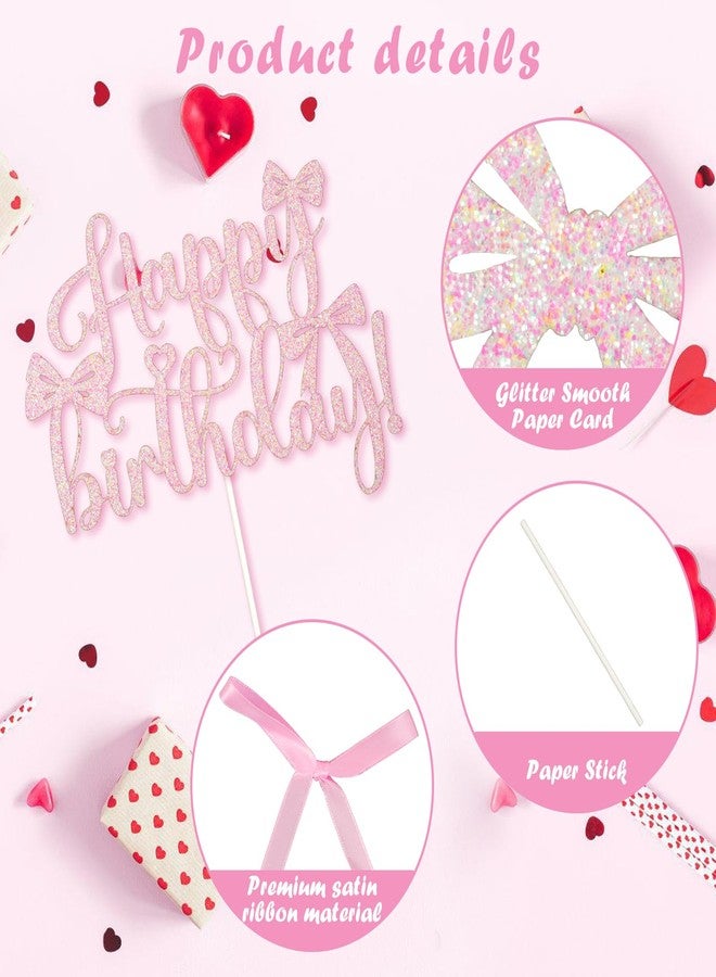 Wootkey 6 Pcs Pink Silk Bow Cake Toppers with 1 Pc Glitter Happy Birthday Sign Ribbon Cake Decorations for Birthday Party Baby Shower Wedding Bow Themed Party Supplies - Image 3