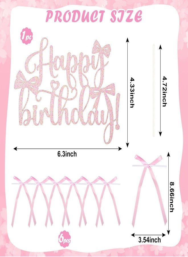 Wootkey 6 Pcs Pink Silk Bow Cake Toppers with 1 Pc Glitter Happy Birthday Sign Ribbon Cake Decorations for Birthday Party Baby Shower Wedding Bow Themed Party Supplies - Image 2