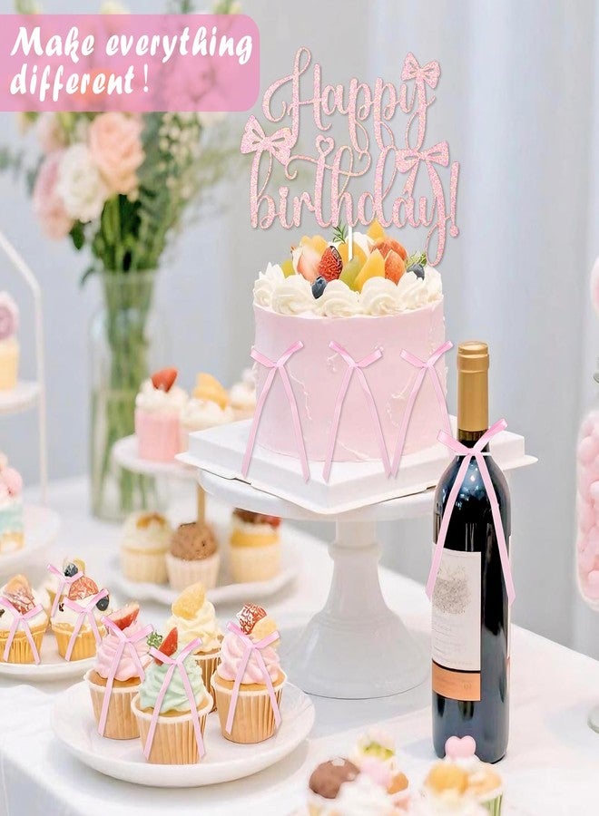 Wootkey 6 Pcs Pink Silk Bow Cake Toppers with 1 Pc Glitter Happy Birthday Sign Ribbon Cake Decorations for Birthday Party Baby Shower Wedding Bow Themed Party Supplies - Image 5