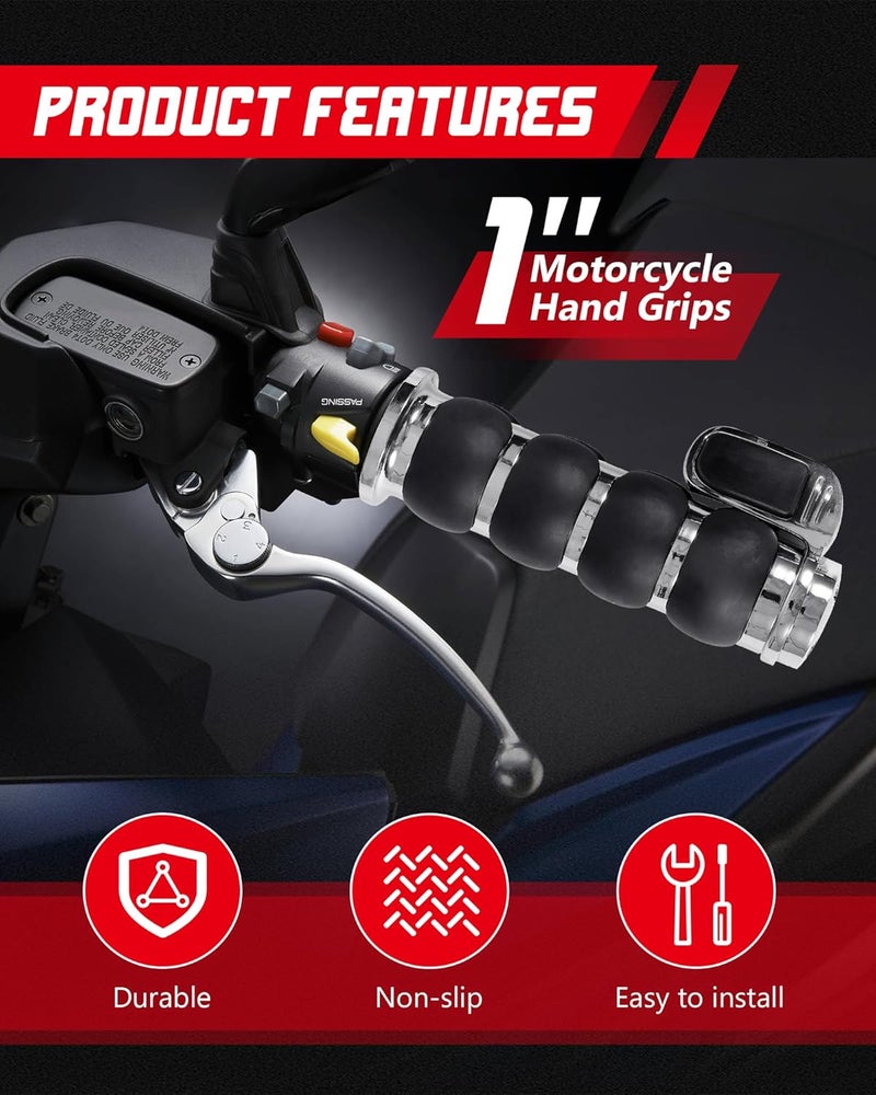 INNOGLOW Motorcycle Hand Grips 1" Universal Non-Slip Handgrips Handlebar Grips with Throttle Assist Chrome Black Aluminum Rubber for Harley Kawasiki Suzuki Cruisers - Image 4