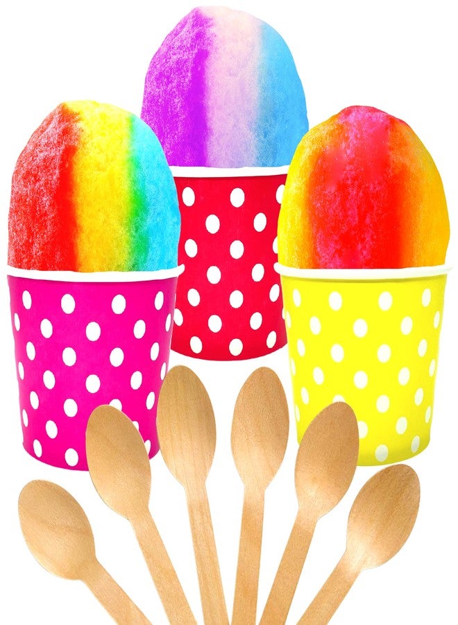 Concession Essentials Polka Dot Snow Cone/Shaved Ice Kit - Includes 30 Twelve Ounce Heavy Duty Compostable Paper Cups (10 Pink, 10 Yellow, 10 Red) with 30 Ecofriendly Birchwood Spoons - Image 1