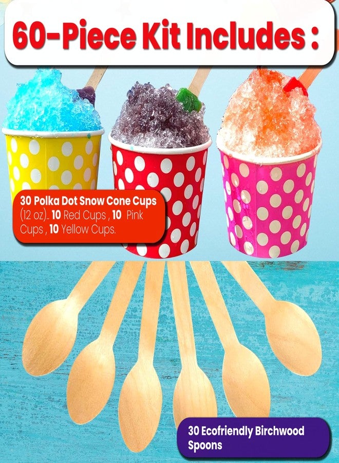 Concession Essentials Polka Dot Snow Cone/Shaved Ice Kit - Includes 30 Twelve Ounce Heavy Duty Compostable Paper Cups (10 Pink, 10 Yellow, 10 Red) with 30 Ecofriendly Birchwood Spoons - Image 2