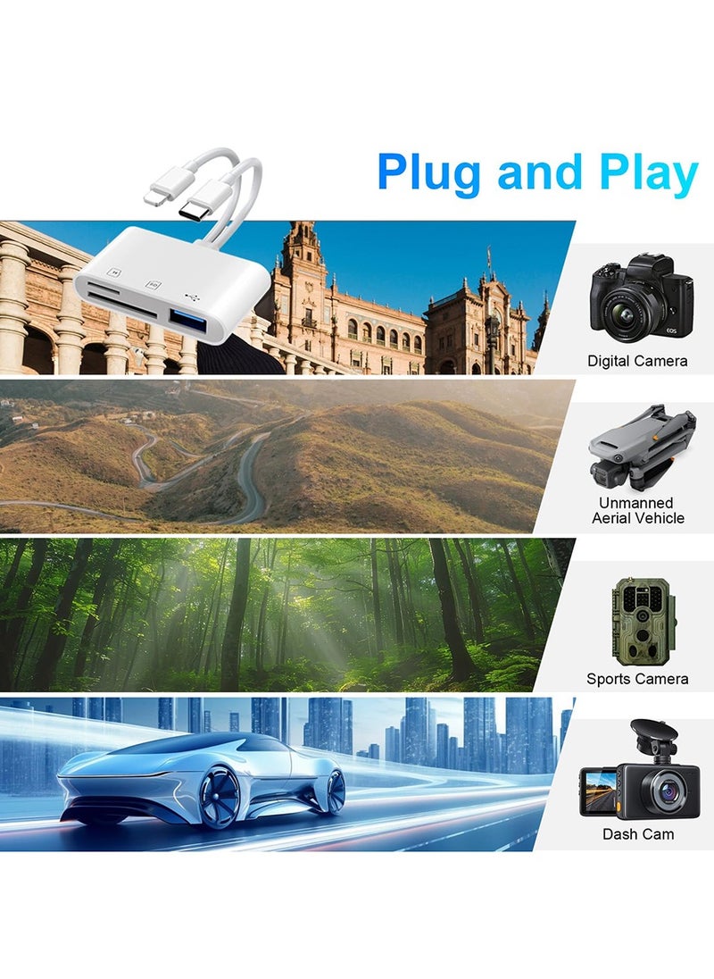SD Card Reader 3-in-2 for iPhone & USB-C Devices, High-Speed Memory Card Adapter with Dual SD/TF Slots, Plug & Play Camera Card Viewer, Compatible with iPhone, iPad, Huawei & Type-C Smartphone