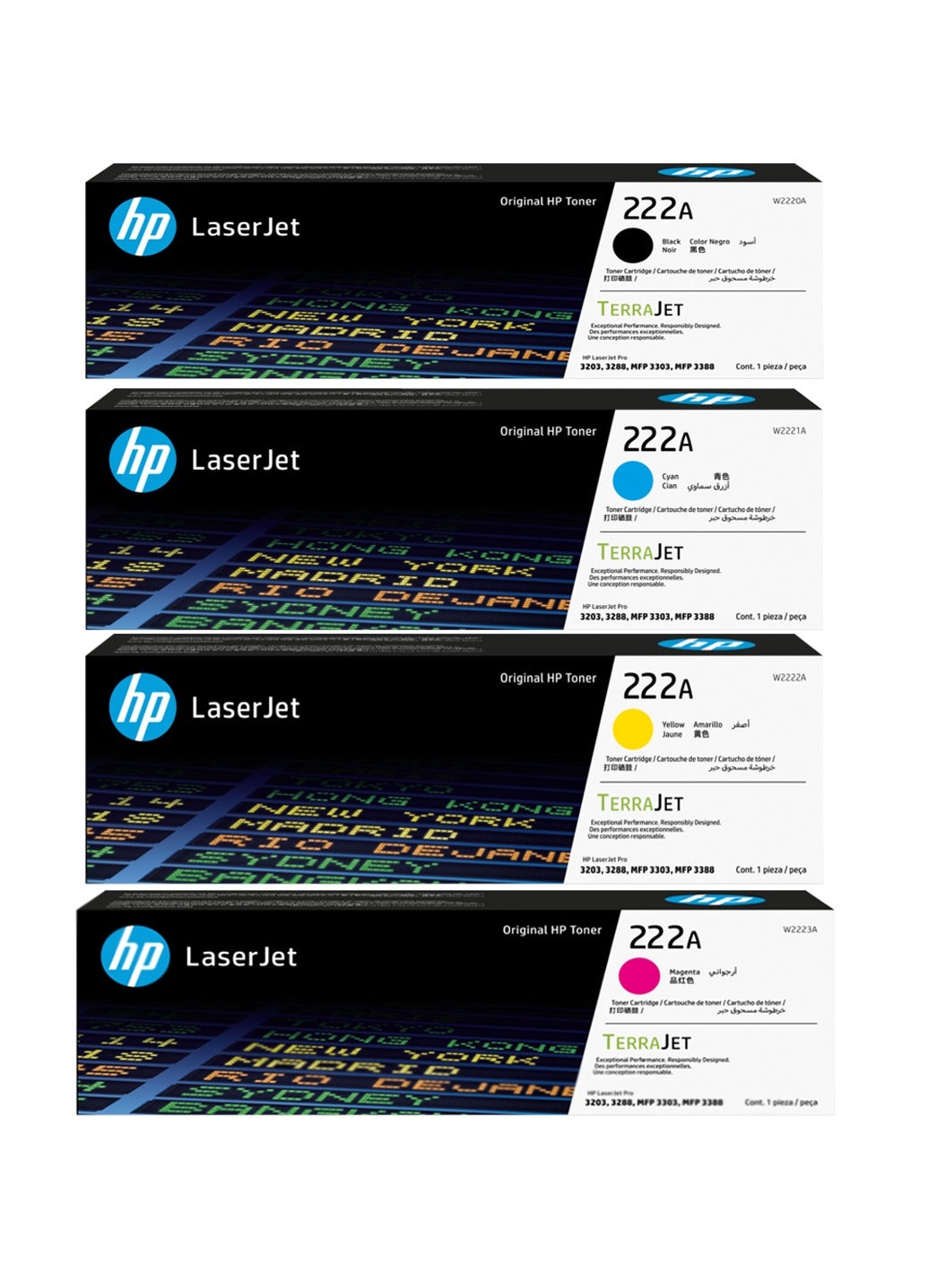 Original 222A Toner Cartridge W2220A, W2221A, W2222A, W2223A, Works With Color LaserJet Pro MFP 3303fdn ,3203dn ,3203dw ,MFP 3303sdw Black, Cyan, Yellow, Magenta