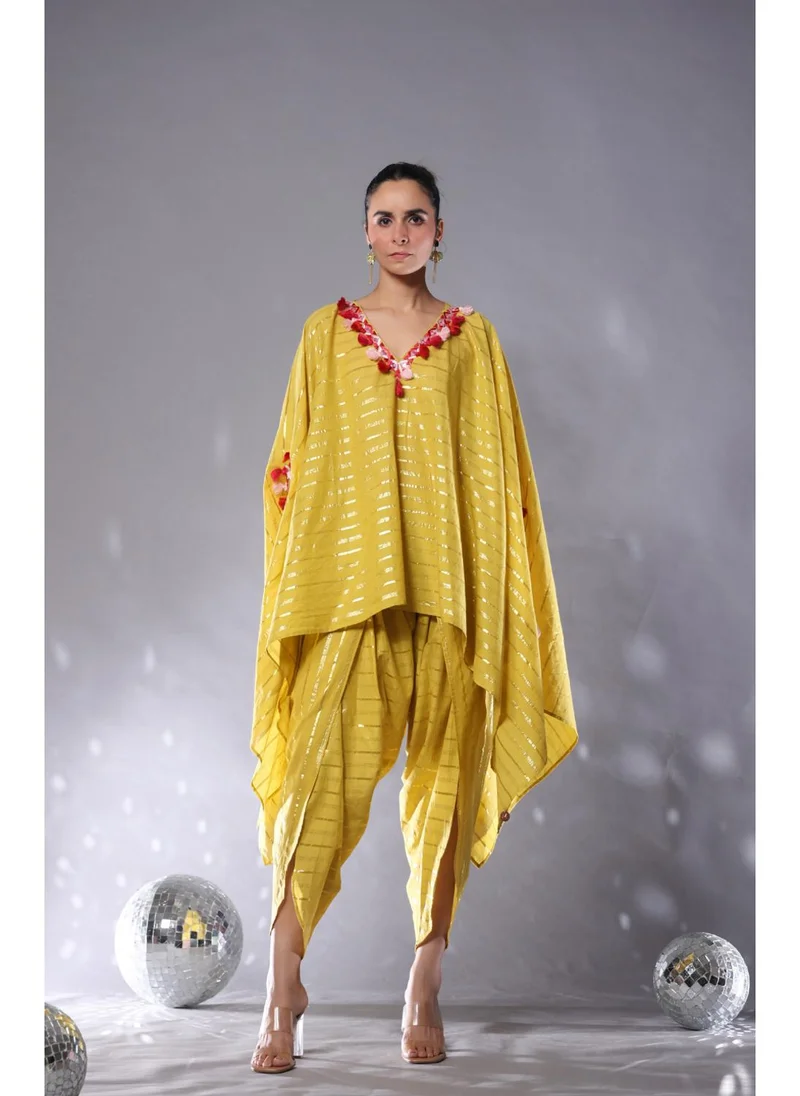 زيري سوق Sunkissed Yellow Cotton Lurex Kaftan Co-Ord Set