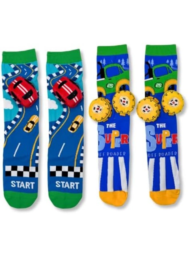 Glitters Funky 3D High Socks for Kids & Teens | Cartoon Car & Off-Road Design | Knee-High Socks with 3D Wheels | Soft Stretchable Fabric - Image 1