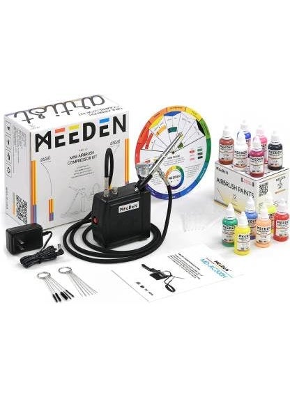 MEEDEN MultiPurpose Airbrushing System Kit with Portable Mini Airbrush Compressor with 12 Colors 30ml Airbrush Paint
