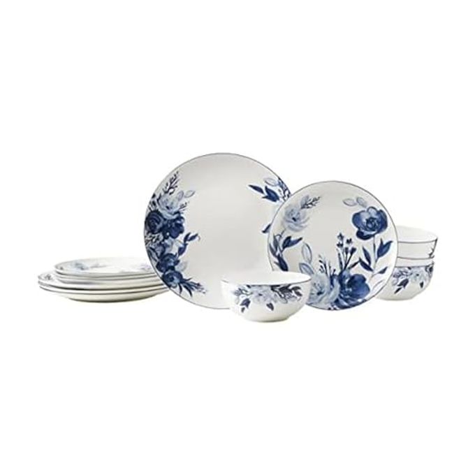 Mikasa Darcy Bone China Lightweight Chip Resistant 12 Piece Dinnerware Set, Service for 4,Blue and White