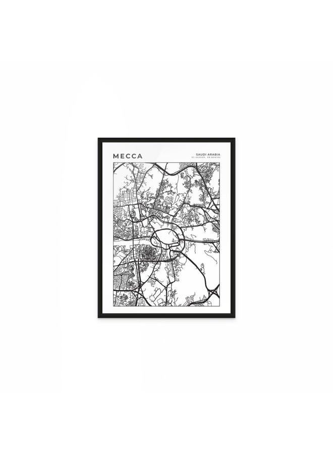 آرت دیکور  ديكور فني مؤطر صورة فنية جميلة طباعة خريطة مدينة مكة باللون الأسود والأبيض ملصق حضري حديث للمملكة العربية السعودية هدية سفر جدار غرفة المعيشة مكتب غرفة النوم فندق استوديو خريطة عمل فني - Image 1