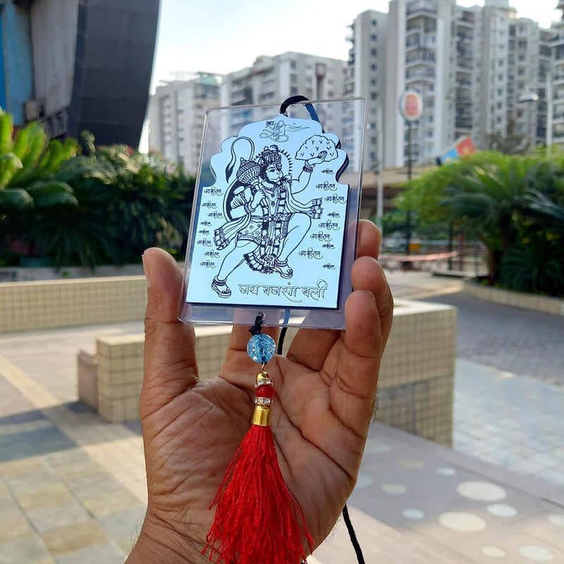 F Studio Lord Hanuman Double Sided Laser Engraved Car Hanging Car Rear View Mirror Decor Ornament Accessories (Clear & Silver) - Image 1
