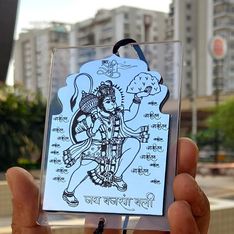 F Studio Lord Hanuman Double Sided Laser Engraved Car Hanging Car Rear View Mirror Decor Ornament Accessories (Clear & Silver) - Image 2