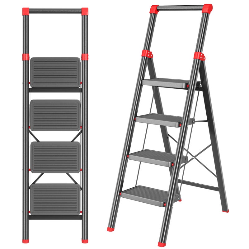 DIAMONDFORGE 4 Step Ladder, DIAMONDFORGE Folding Step Stool with Wide Anti-Slip Pedal, Anti-Slip Feet and Handgrip, Sturdiest Steel Construction, Steel Ladder for Home, Black Red - Image 1