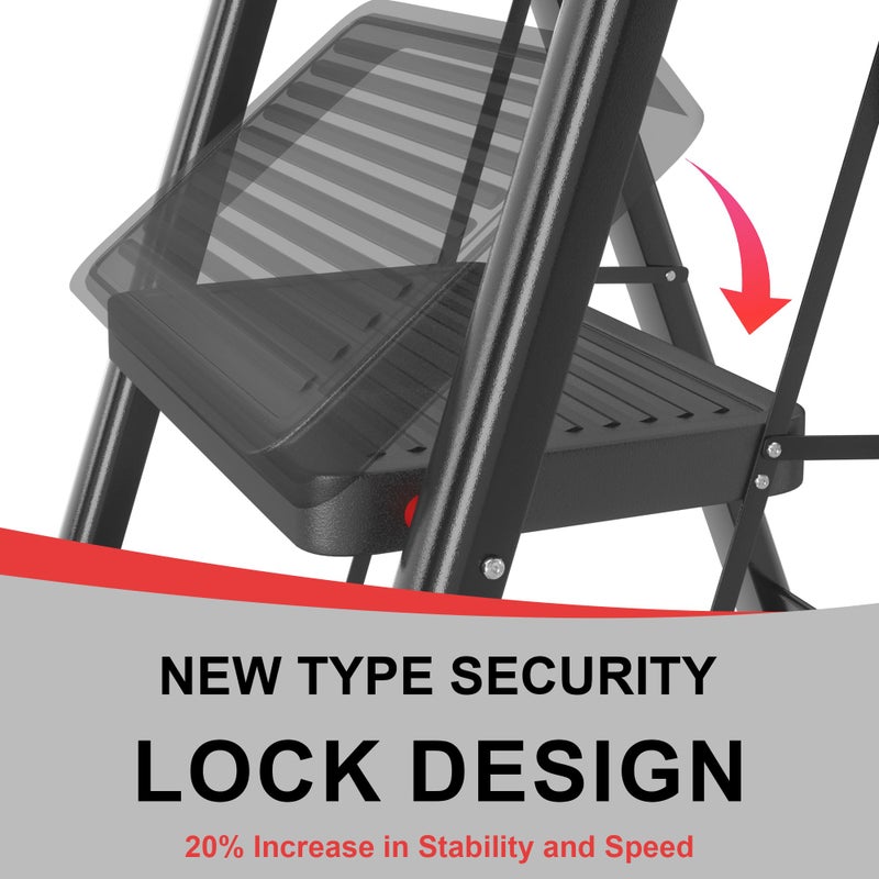 DIAMONDFORGE 4 Step Ladder, DIAMONDFORGE Folding Step Stool with Wide Anti-Slip Pedal, Anti-Slip Feet and Handgrip, Sturdiest Steel Construction, Steel Ladder for Home, Black Red - Image 5