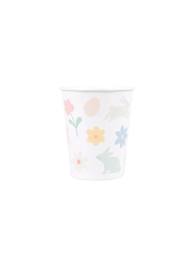 Easter Icons Cups - Pack of 8 Paper Cups with Bunnies, Carrots, Flowers, Chicks and Eggs Illustrations, Suitable for Hot and Cold Drinks, Playful Easter Table Decoration