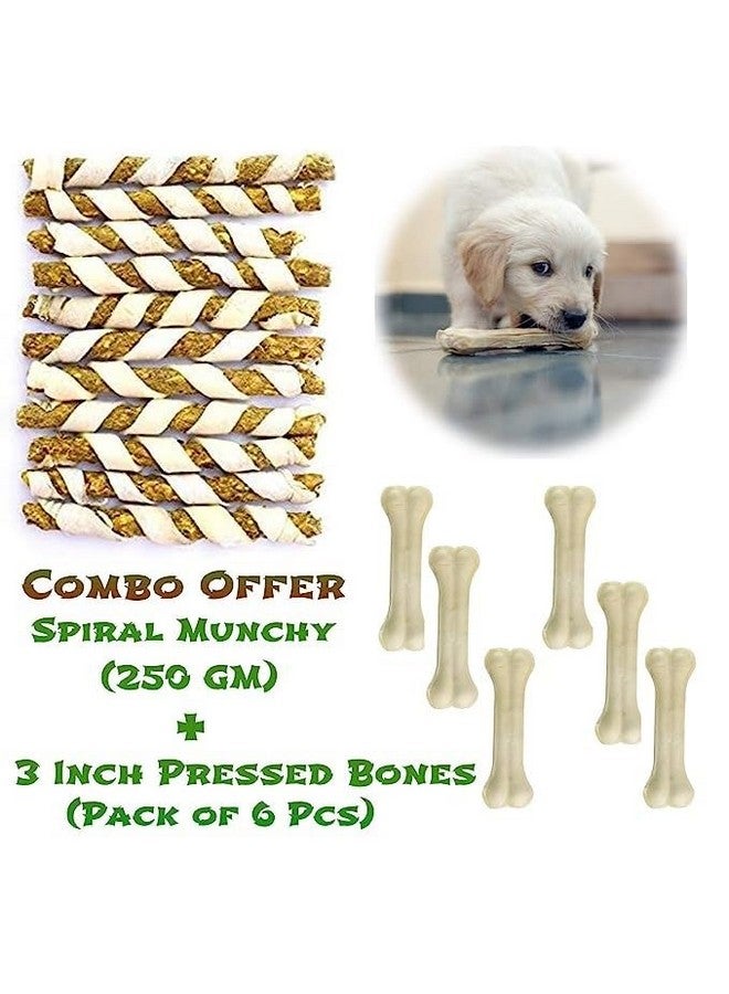 Pet'S Combo 3 Inch 6 Pcs Bone And 250 Gm Spiral Munchy Chicken Flavour Rawhide Munchy Stick For Dogs And Puppies - Image 2