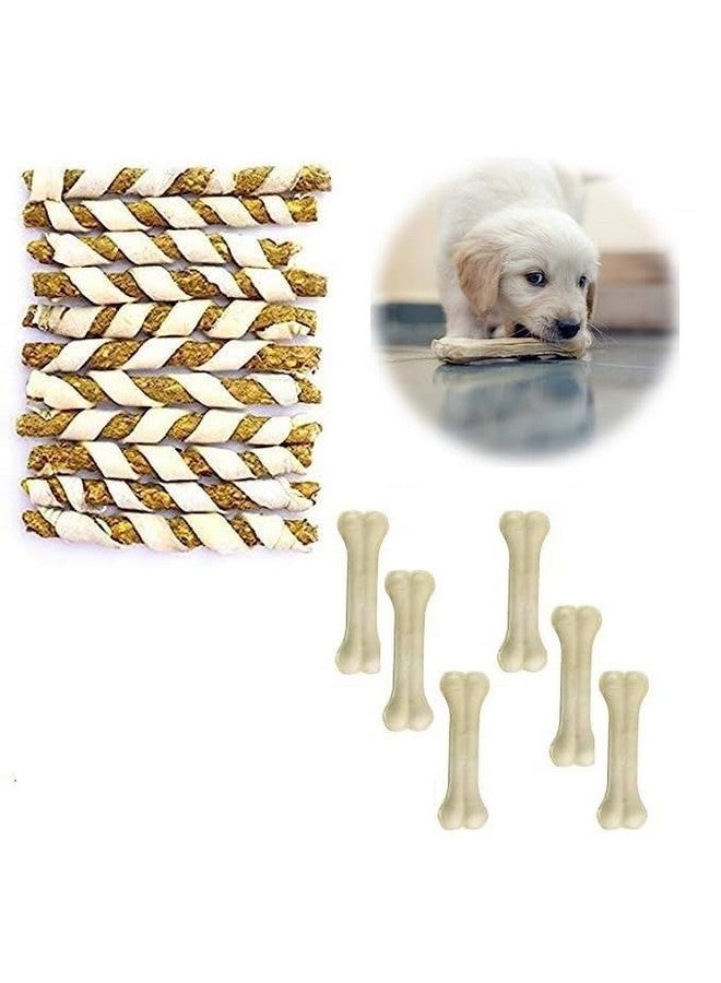 Pet'S Combo 3 Inch 6 Pcs Bone And 250 Gm Spiral Munchy Chicken Flavour Rawhide Munchy Stick For Dogs And Puppies - Image 1