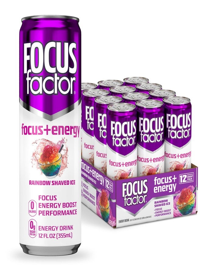 Focus Factor Energy Drink - 12 x 355ml Cans (Rainbow Shaved Ice Flavor) - with Focus + Energy - Lightly Carbonated, Sugar Free, Low Calorie with Vitamin B6 & Vitamin B12 - Image 1