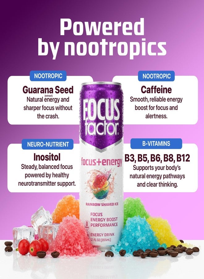 Focus Factor Energy Drink - 12 x 355ml Cans (Rainbow Shaved Ice Flavor) - with Focus + Energy - Lightly Carbonated, Sugar Free, Low Calorie with Vitamin B6 & Vitamin B12 - Image 2