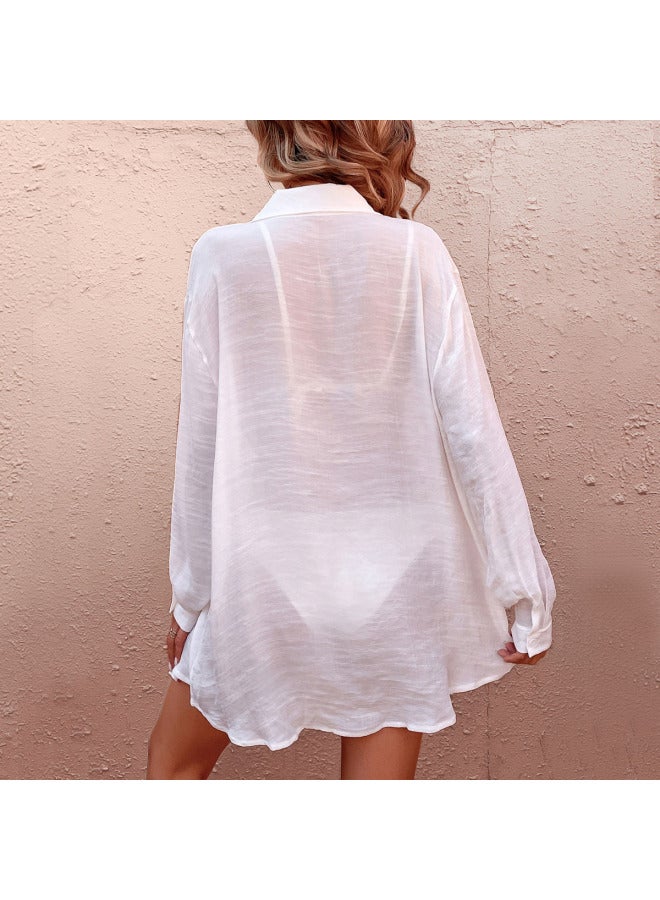 Blouse Swimwear Shirt Knitted Wrinkled Cloth Button Shirt Long Explosions Bikini Outer Blouse-Color:Black-  - Image 4