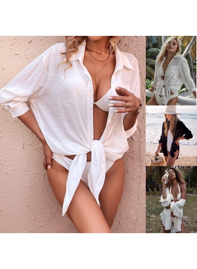 Blouse Swimwear Shirt Knitted Wrinkled Cloth Button Shirt Long Explosions Bikini Outer Blouse-Color:Black-  - Image 2
