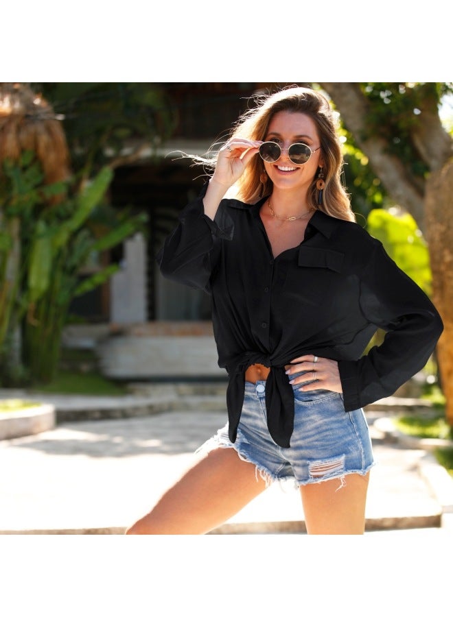 Blouse Swimwear Shirt Knitted Wrinkled Cloth Button Shirt Long Explosions Bikini Outer Blouse-Color:Black-  - Image 5