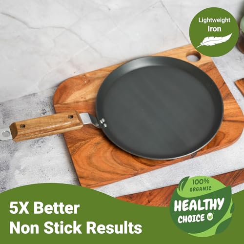 Femora 9.8 inch (24.5 cm) Iron Flat Tawa with Wooden Handle | 25 cm | 2.5 mm Thick | Iron Pan | Scratch Resistant, Non Toxic | Induction & Gas Friendly, Heavy Bottom - Image 3