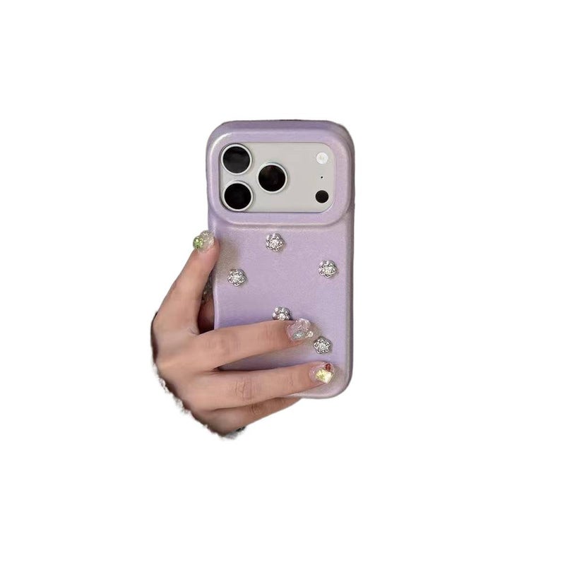 MS غطاء واقي بسيليكون لـ iPhone 15 / 15 Plus / 15 Pro / 15 Pro Max مع حامل قابل للطي ومغناطيس قوي مع زهرة ألماس ثلاثية الأبعاد مع قبضة مضادة للانزلاق باللون بنفسجي مضاد للانزلاق مغنا. - Image 1
