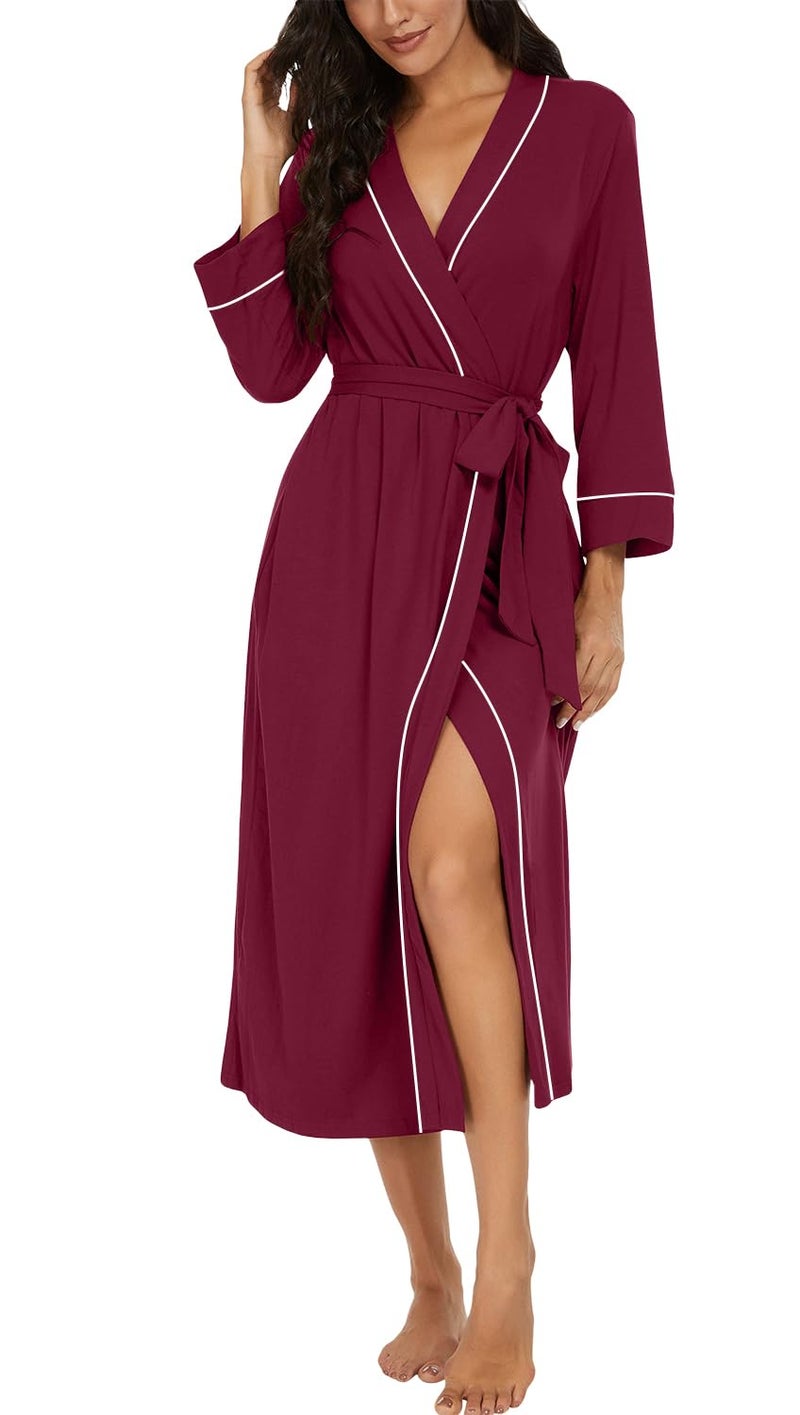 PrinStory Womens Robe Long Kint Bathrobe Lightweight Soft Robes Ladies Bath Robe Wine Red-L - Image 1