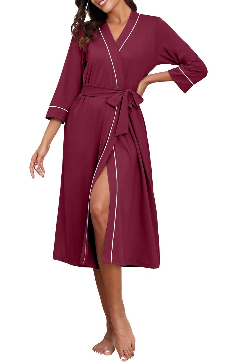PrinStory Womens Robe Long Kint Bathrobe Lightweight Soft Robes Ladies Bath Robe Wine Red-L - Image 2