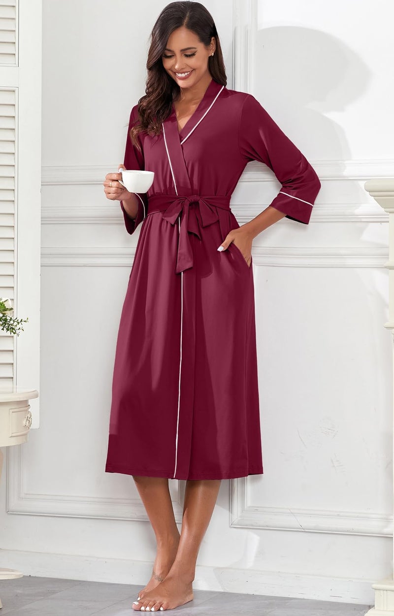 PrinStory Womens Robe Long Kint Bathrobe Lightweight Soft Robes Ladies Bath Robe Wine Red-L - Image 3