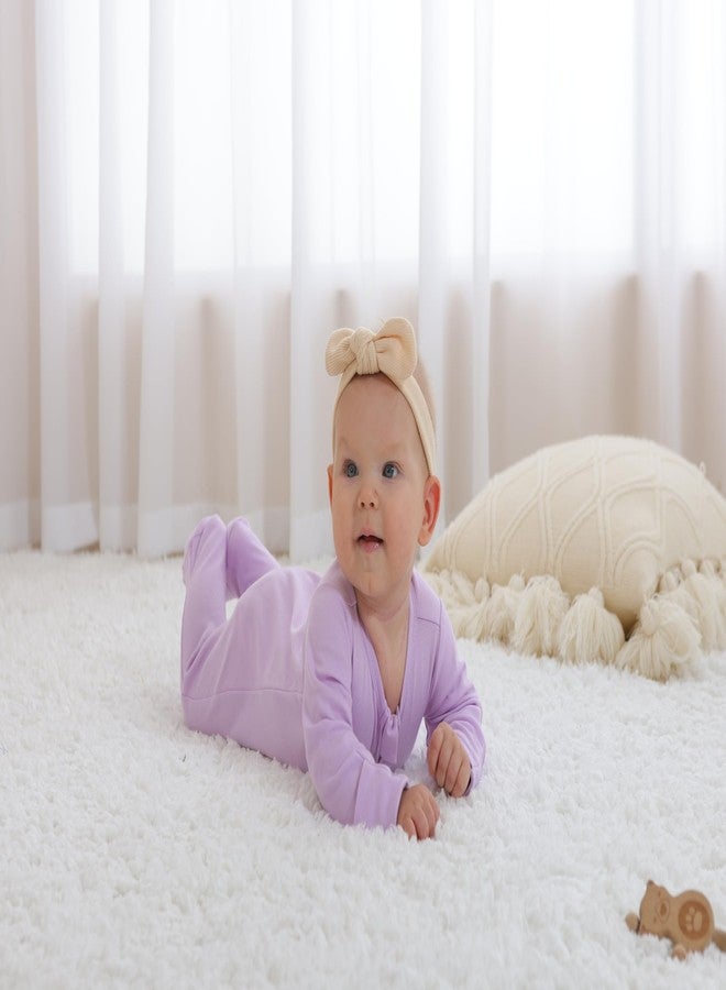 GUISBY Footed Long Sleeve Baby Pajamas with Zipper Cotton Infant Sleepers Light Pink+Purple Newborn - Image 2