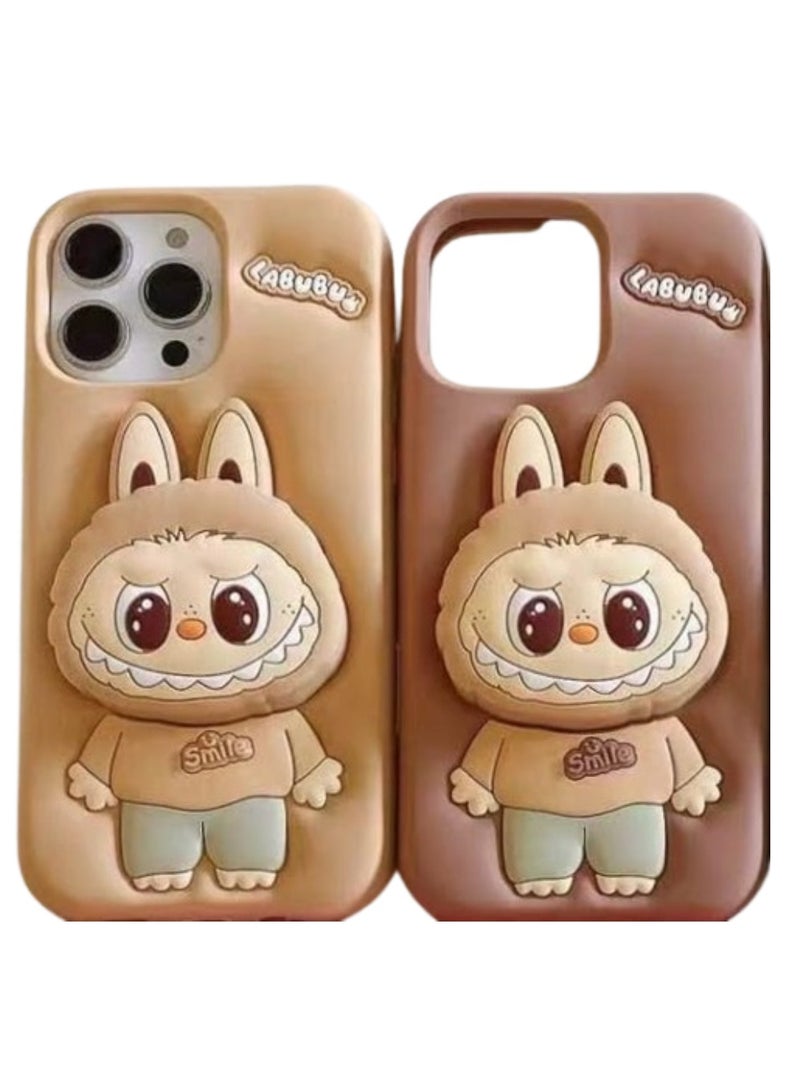 Case Club 2pcs Combo Cute 3D Labubu Bunny Case Combo for iPhone 15 Pro – Soft Silicone Cartoon Smile Series (Pack of 2 – Beige & Brown) - Image 1