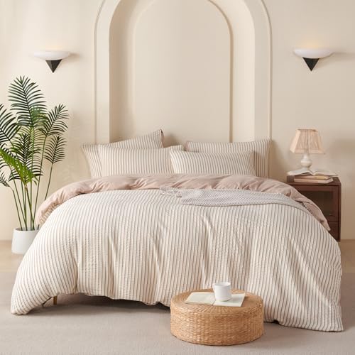 BUPIRD Duvet Cover Queen Set Striped Beige, 100% Washed Microfiber Jacquard 3 Pieces Beige Queen Striped Bedding Sets, with Zipper Closure & Corner Ties, Lightweight Soft Comfort Breathable (No Comforter) - Image 2