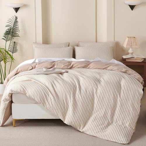 BUPIRD Duvet Cover Queen Set Striped Beige, 100% Washed Microfiber Jacquard 3 Pieces Beige Queen Striped Bedding Sets, with Zipper Closure & Corner Ties, Lightweight Soft Comfort Breathable (No Comforter) - Image 3