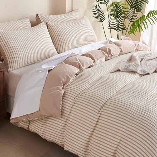 BUPIRD Duvet Cover Queen Set Striped Beige, 100% Washed Microfiber Jacquard 3 Pieces Beige Queen Striped Bedding Sets, with Zipper Closure & Corner Ties, Lightweight Soft Comfort Breathable (No Comforter) - Image 4